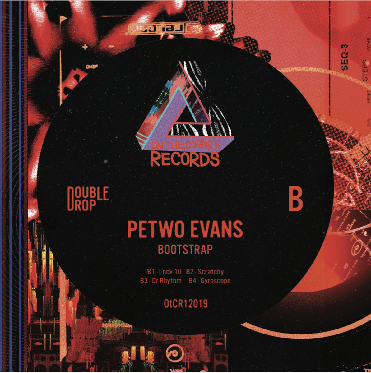 Vinyl record label for Petwo Evans Bootstrap on On The Corner Records with tracklist and double drop logo