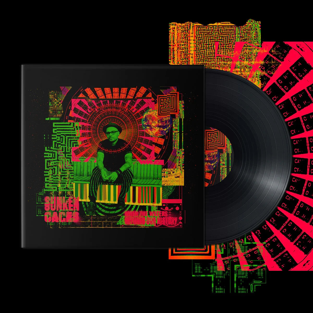 Psychedelic vinyl record with neon green and red album cover featuring artist on abstract background