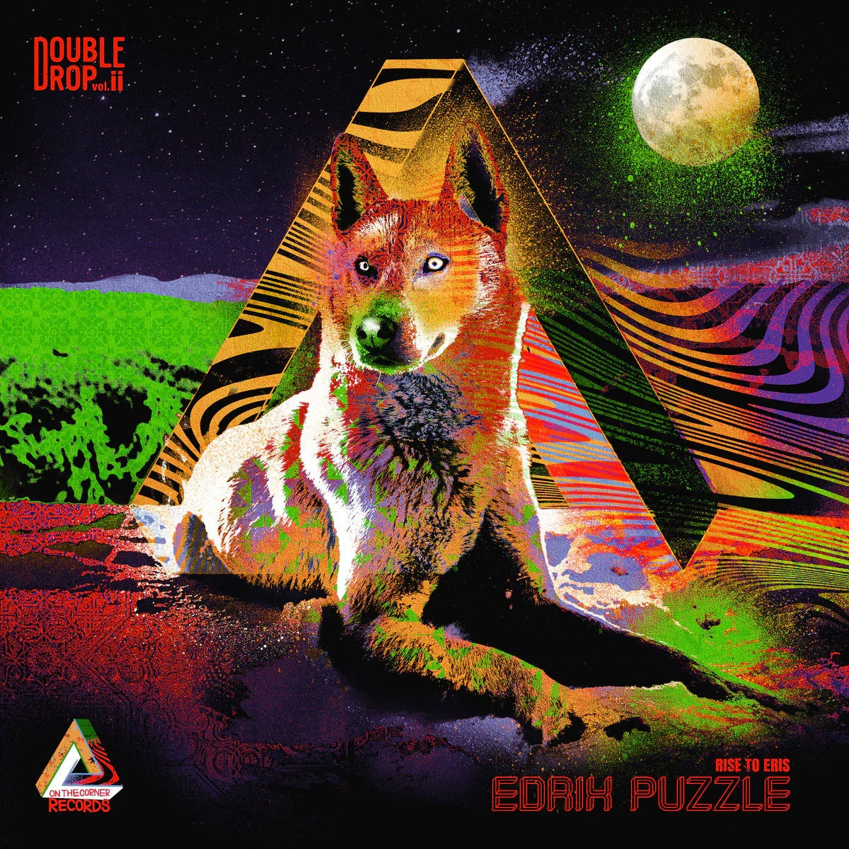 Psychedelic album cover with a wolf, vibrant geometric patterns, full moon, and colorful landscape.