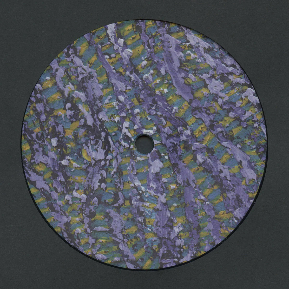 Vinyl record with abstract purple, yellow, and green painted pattern on label
