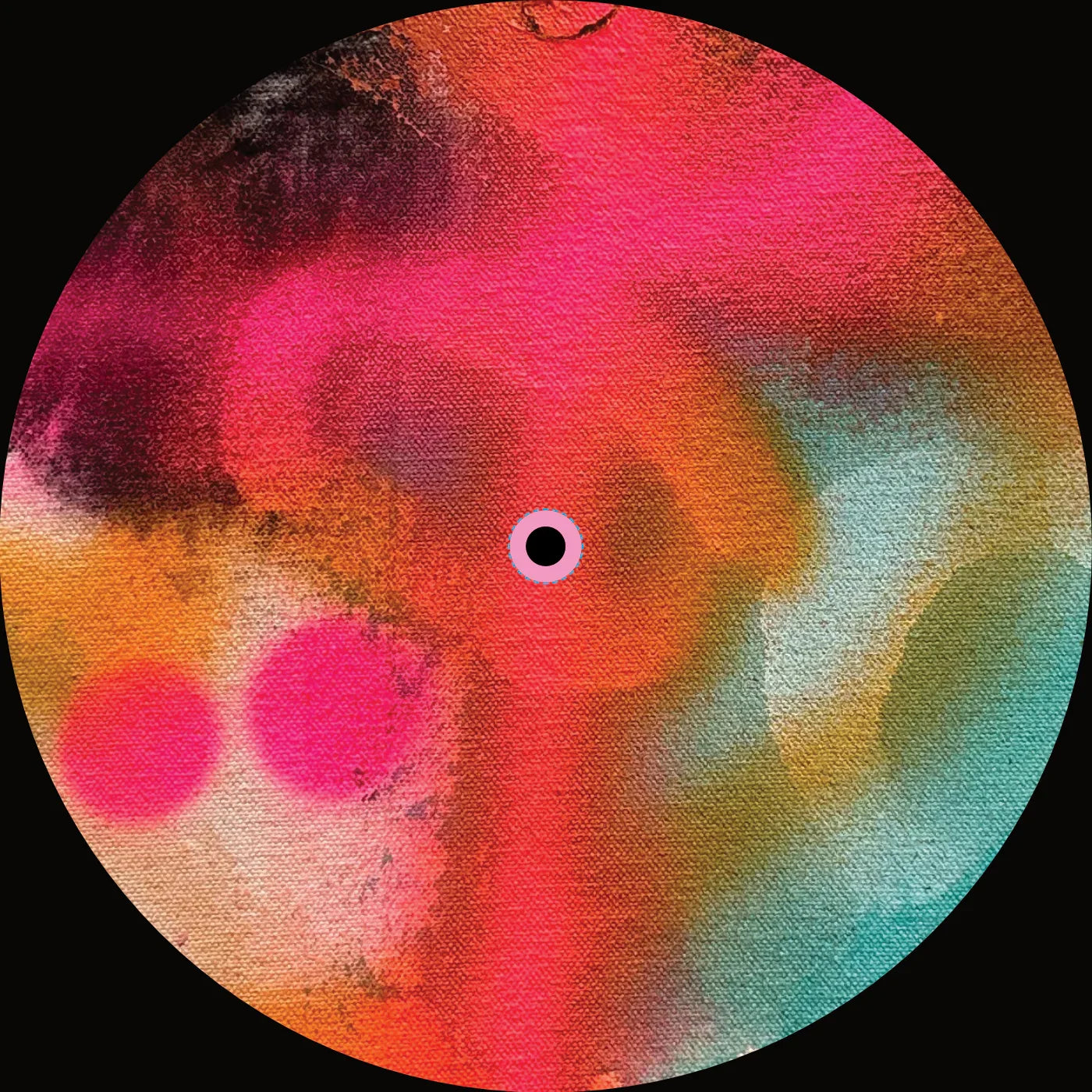 Colorful vinyl record with abstract pink, orange, and turquoise painted design