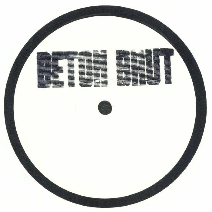 Minimalist vinyl record label with BETON BRUT text, black ring and center dot on white background