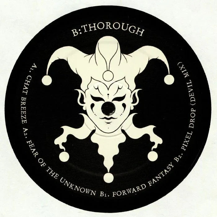 Vinyl record label featuring a jester face with track titles and B:Thorough text