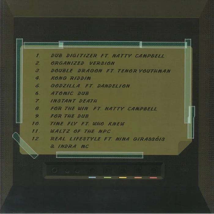 Tracklist on retro monitor with 12 song titles, artists, and vintage electronic graphics