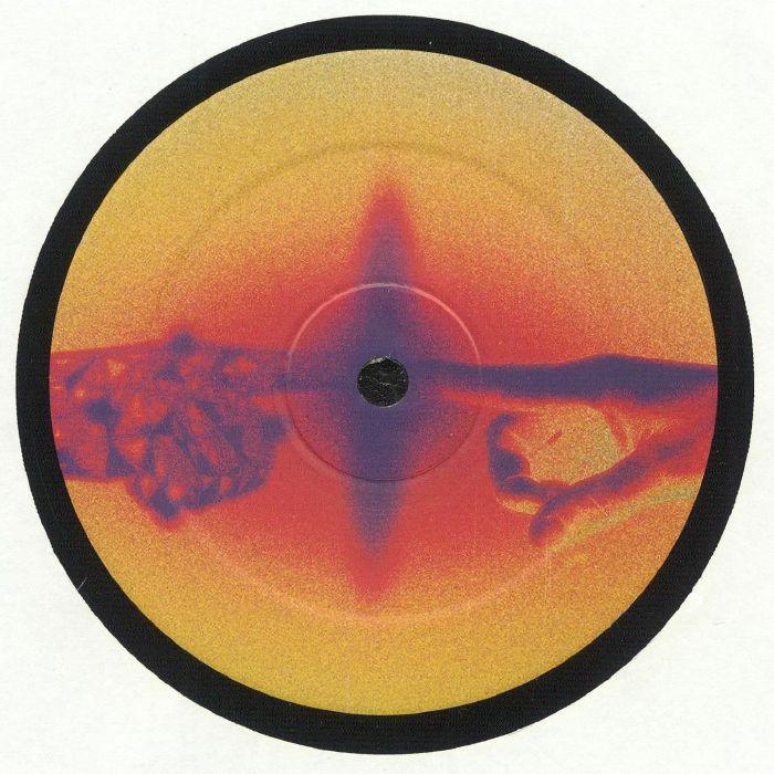 Vinyl record label with abstract art of two hands reaching toward each other on a yellow-red background
