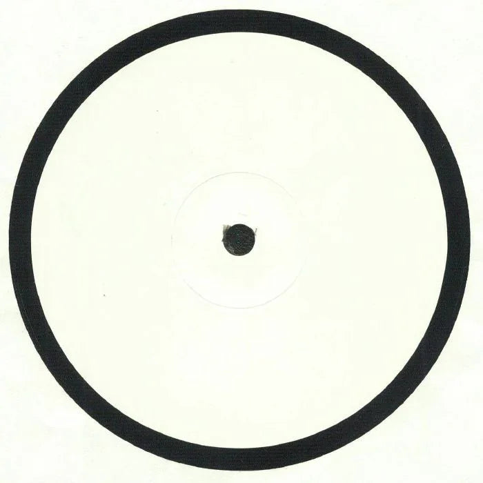 Blank white vinyl record with a black outer ring and central hole on plain background