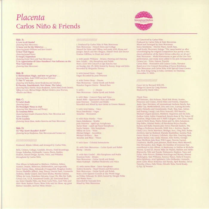 Carlos Niño & Friends Placenta album tracklist and credits on cream background