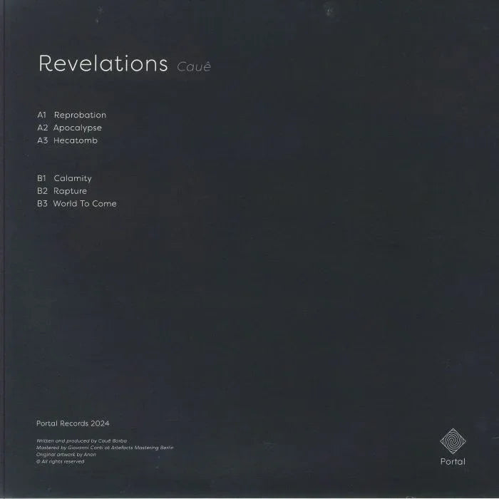 Back cover of Caue's Revelations vinyl record with dark minimal design and tracklist.