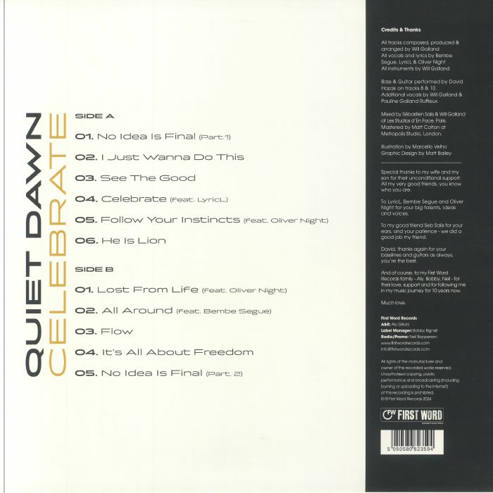 Quiet Dawn Celebrate album back cover with tracklist, credits, and barcode in black and white design