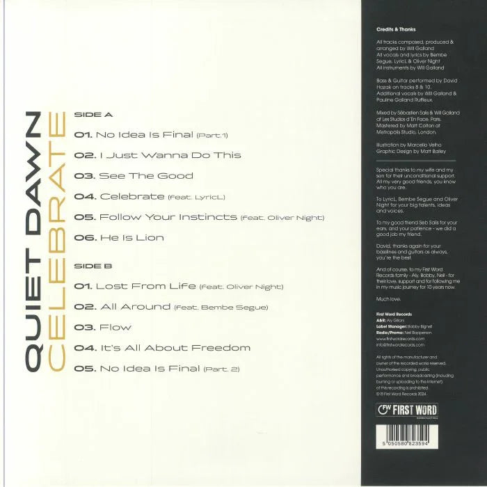 Quiet Dawn Celebrate vinyl record back cover with tracklist and credits on white background.