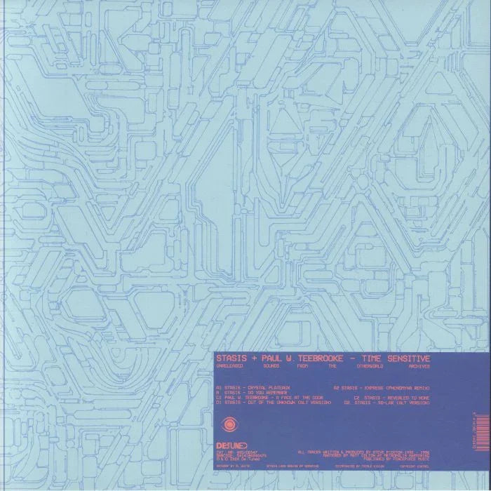 Electronic music vinyl record cover with blue geometric circuit pattern and tracklist box