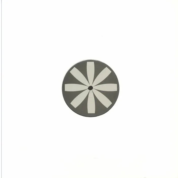 Minimalist vinyl record with white petal-like design on gray label, centered on white background
