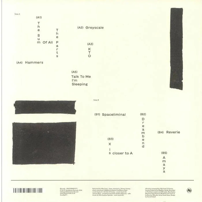 Minimalist album back cover with abstract black shapes and tracklist on off-white background.