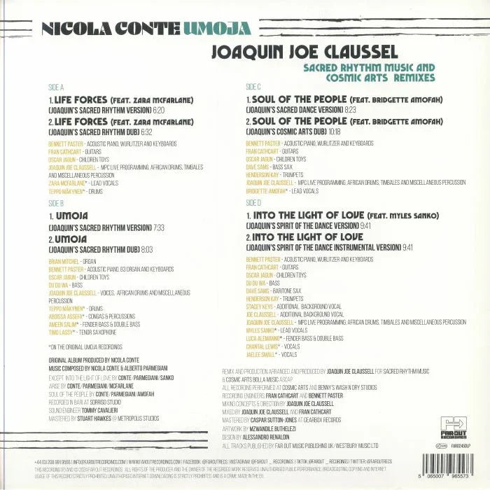 Back cover of Nicola Conte 'Umoja' and Joaquin Joe Claussel remixes vinyl LP with tracklist and credits
