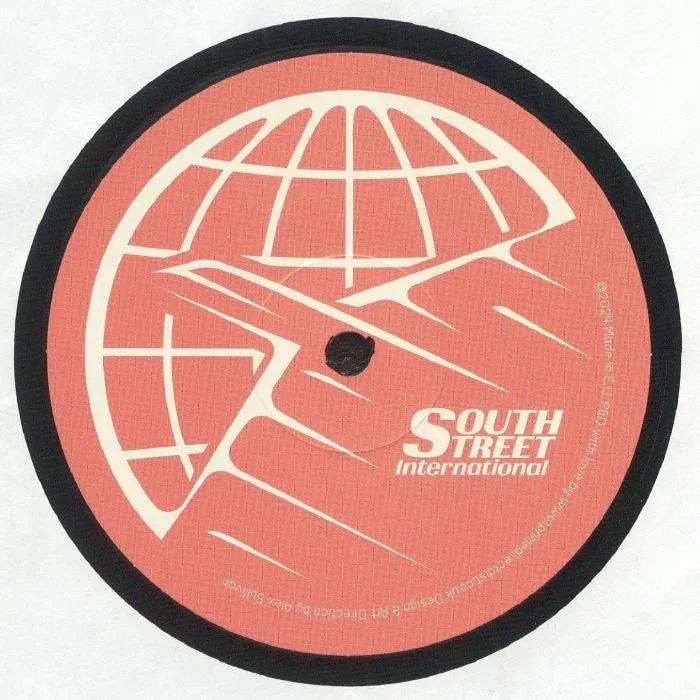 Vinyl record label with globe and runway design, South Street International text, red background