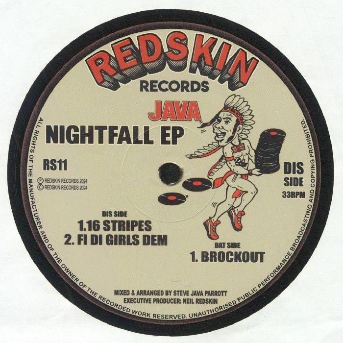 Nightfall EP vinyl record label with illustrated character, tracklist, and bold title design