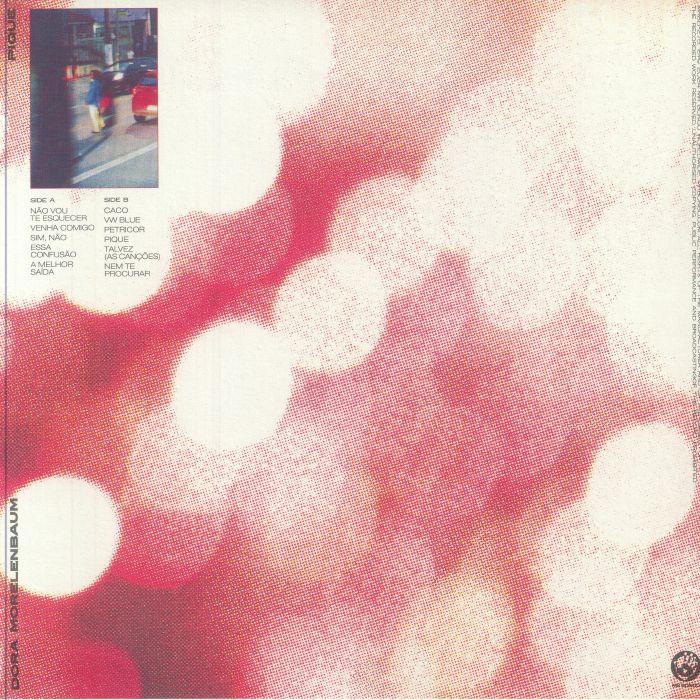 Abstract vinyl album cover with pink and white bokeh, tracklist and small city photo on left
