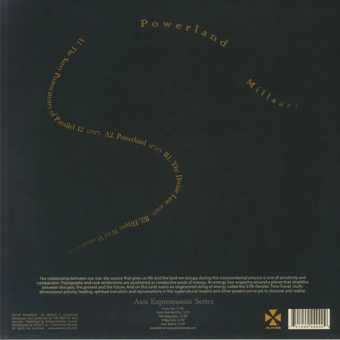 Minimalist black vinyl record cover with gold text, featuring Powerland by Multisaxx.