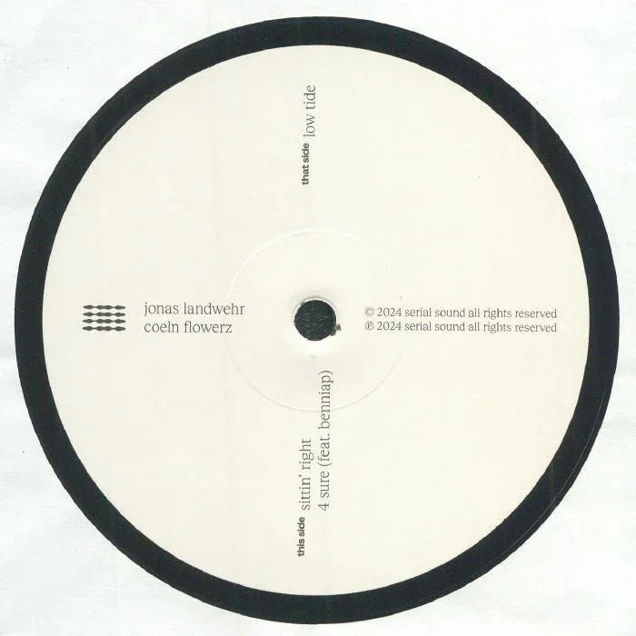 White vinyl record with black border, artist and track info, Jonas Landwehr, Coeln Flowerz.