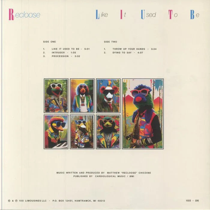 Vinyl record back cover with colorful puppet wearing sunglasses, tracklist, and album credits.