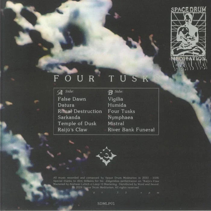Four Tusk album tracklist on abstract background, Space Drum Meditation logo, vinyl record cover