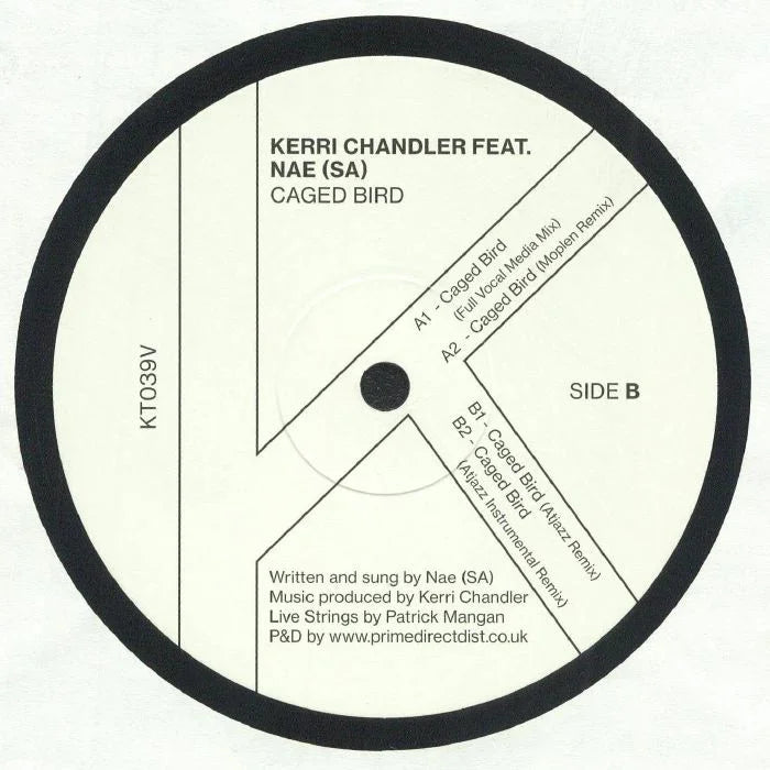 Kerri Chandler Caged Bird vinyl record label featuring tracklist and minimal black and white design.