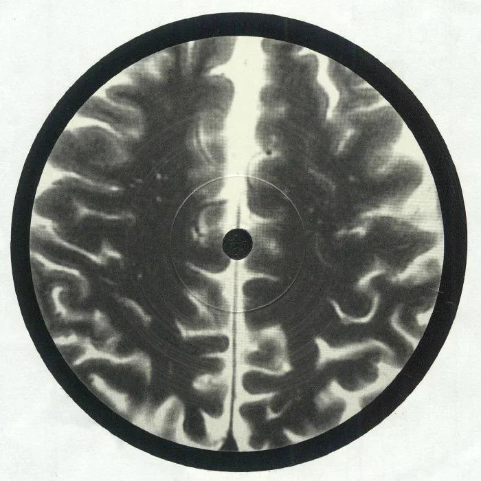 Vinyl record with MRI brain scan style black and white graphic on label