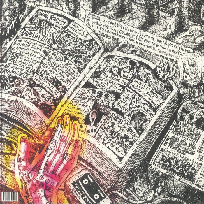 Hand on open comic book with colorful light, cassette tape, sci-fi machinery, and detailed illustrations