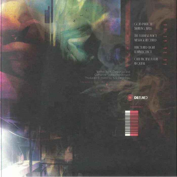 Abstract album cover with smoky, colorful background, tracklist, and barcode on right side.