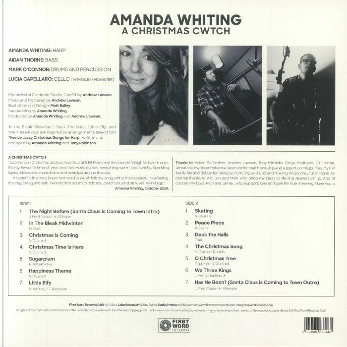 Amanda Whiting A Christmas Cwtch LP back cover with tracklist, artist credits, and photos of musicians.
