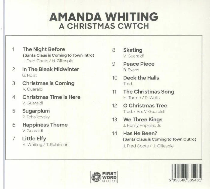 Amanda Whiting A Christmas Cwtch album tracklist on white background with song titles and composers.