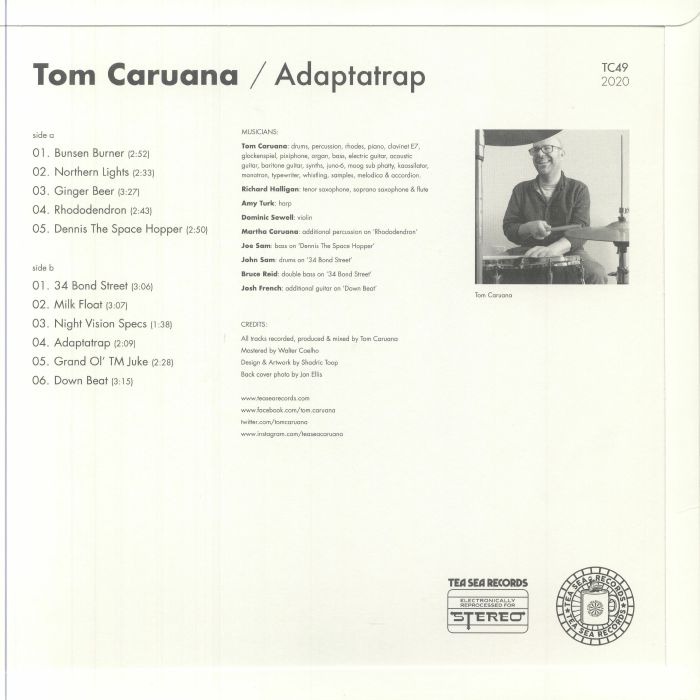 Vinyl record back cover of Tom Caruana's 2020 album Adaptatrap with tracklist, musician credits, and black-and-white photo of Tom Caruana playing drums