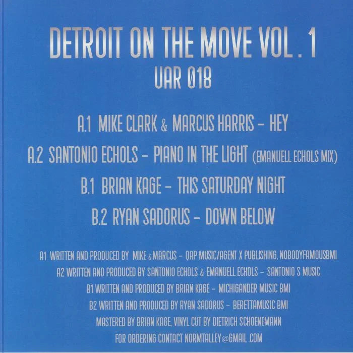 Detroit On The Move Vol. 1 vinyl back cover tracklist with blue background