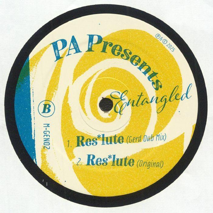 PA Presents Entangled vinyl record side B label with yellow swirl design and track listing