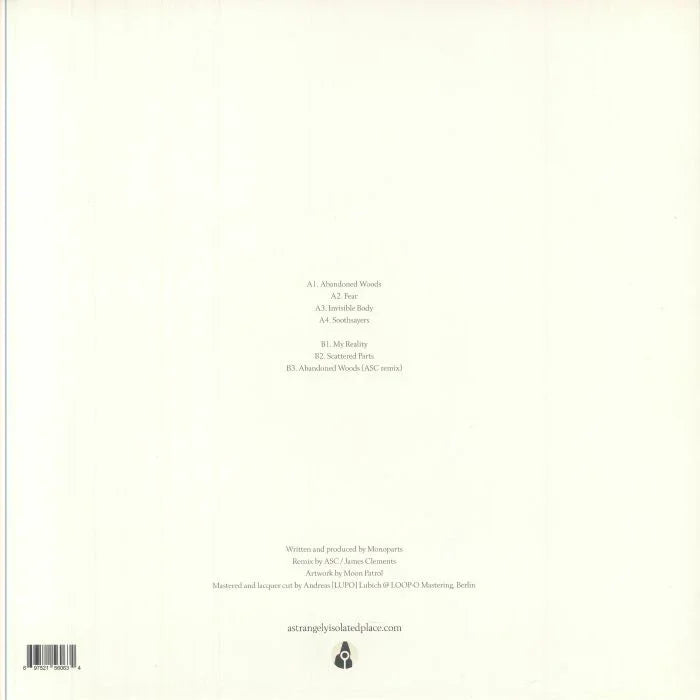 Minimalist vinyl record back cover with tracklist and small text on a plain white background