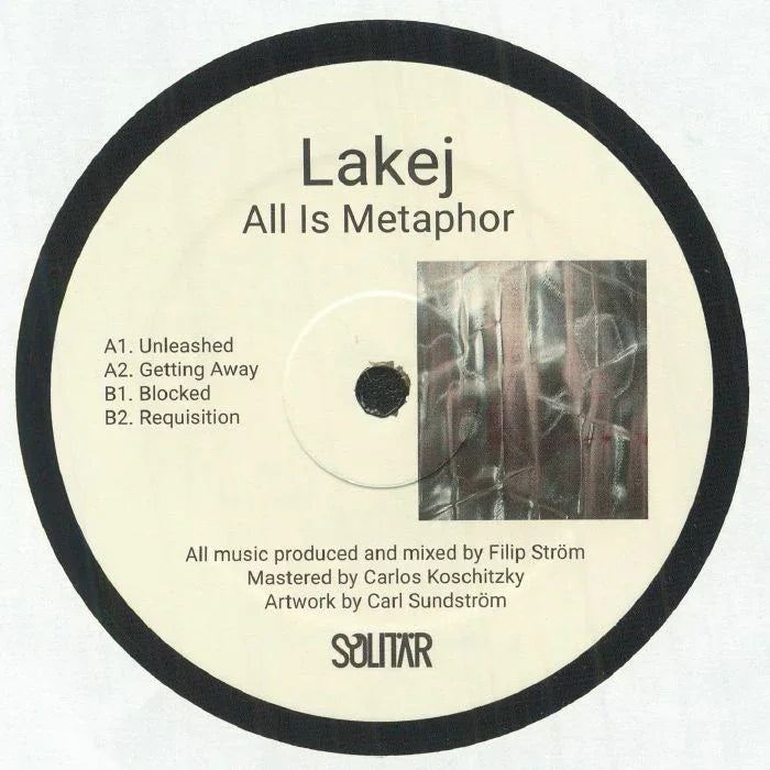 Lakej All Is Metaphor vinyl record label with tracklist and abstract artwork.