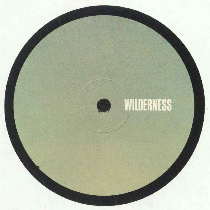 Minimalist vinyl record label with WILDERNESS text and black border on a grey background