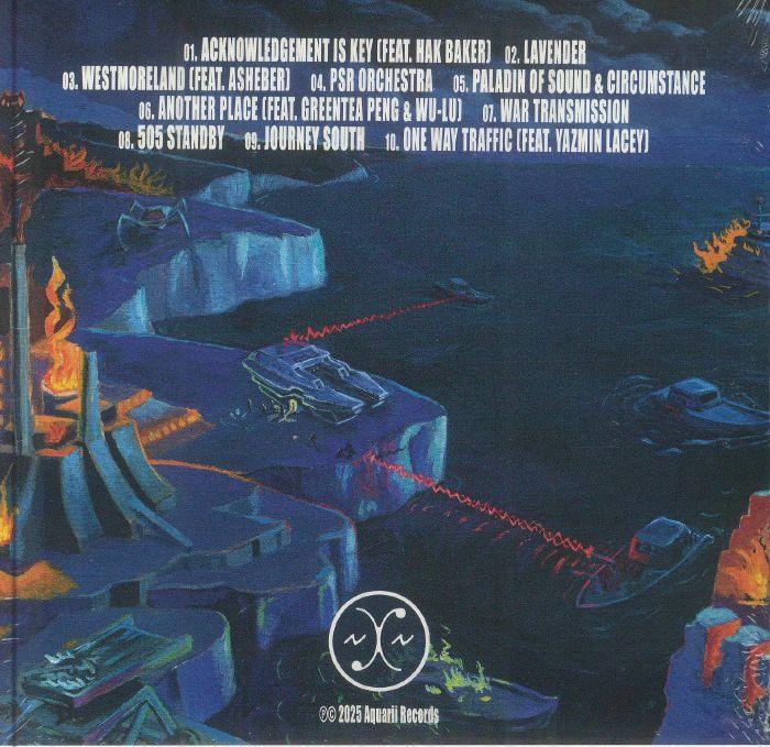 Futuristic album cover art with tracklist, glowing cliffs, and boats on a dark river at night.