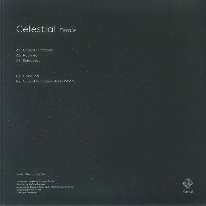 Celestial Fernie vinyl record cover with tracklist on dark speckled background