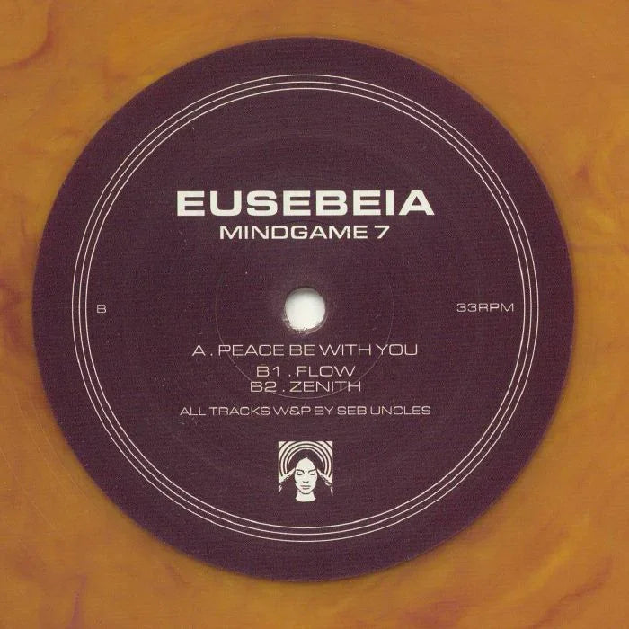 Eusebeia Mindgame 7 vinyl record with tracklist and marbled brown label design