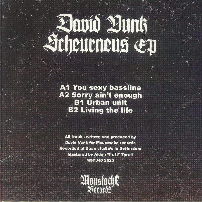 Scheurneus EP cover by David Vunk, black background, white gothic text, Moustache Records.