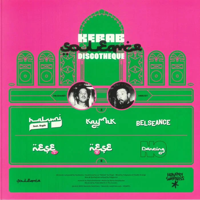 Kebab Soul Emice Discotheque vinyl cover with bold pink and green design, artist photos, track titles.