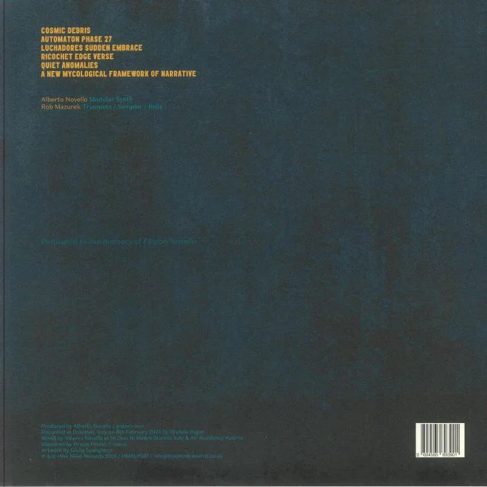 Vinyl record back cover with tracklist in yellow text on a dark background, barcode bottom right.
