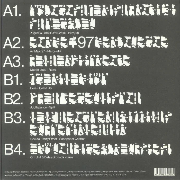 Tracklist image with stylized white abstract text, black background, record titles and artists listed.
