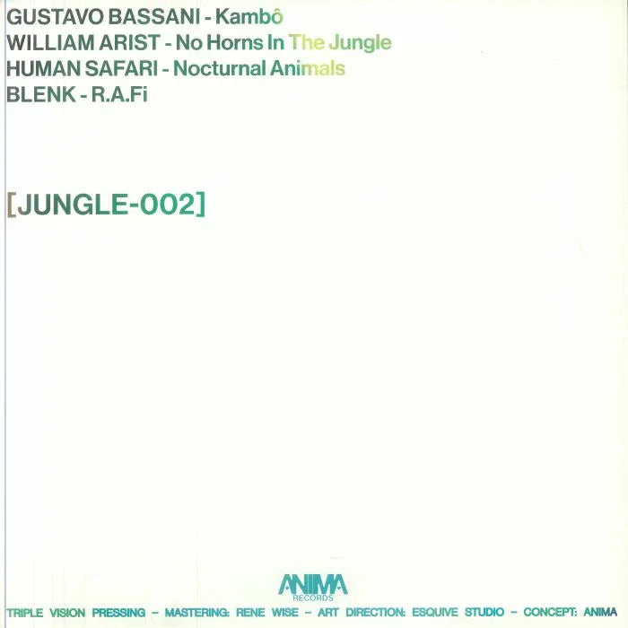 JUNGLE-002 vinyl record cover with tracklist by Gustavo Bassani, William Arist, Human Safari, Blenk