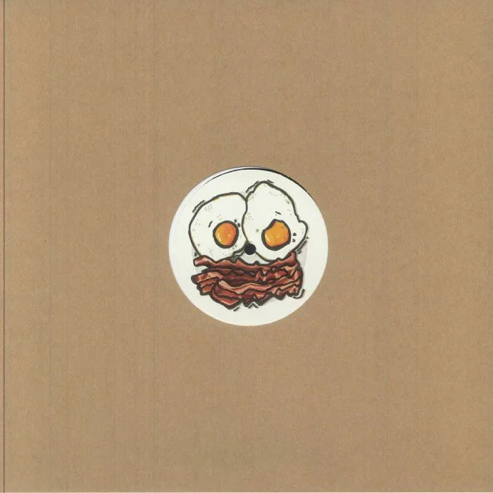 Vinyl record in brown sleeve featuring cartoon eggs and bacon illustration on label