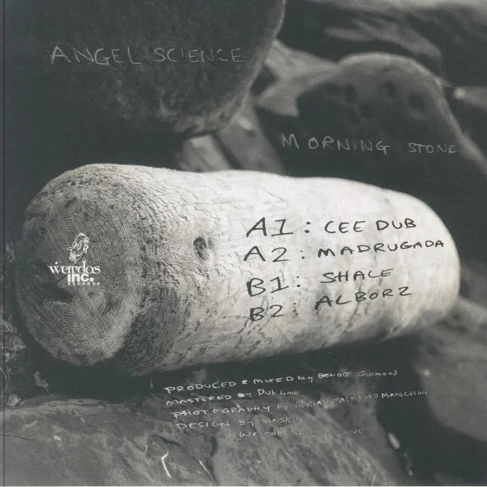 Black and white album cover with a log showing tracklist for Angel Science Morning Stone.