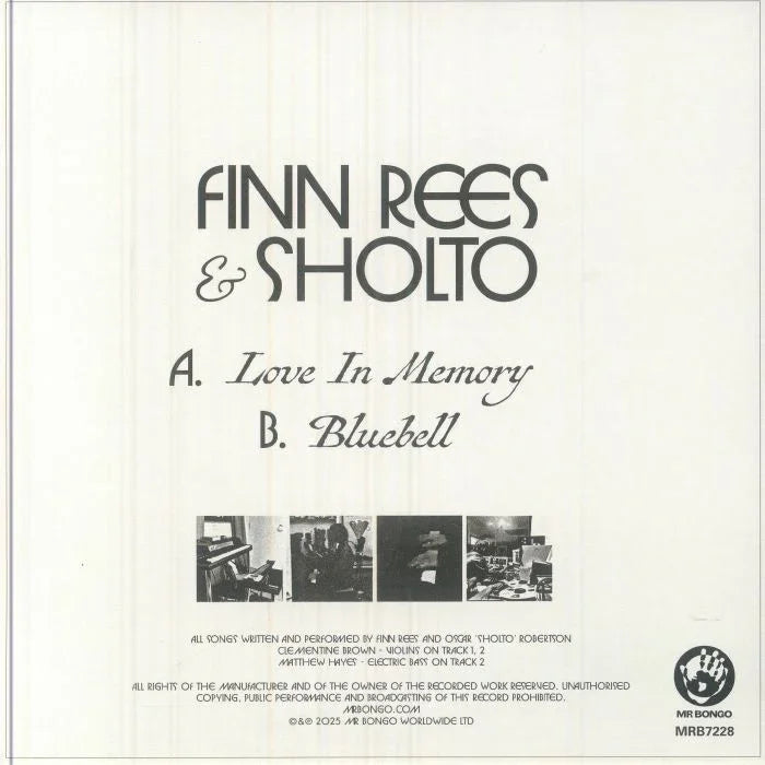 Finn Rees & Sholto record cover with Love In Memory and Bluebell track titles, black text on white background, small black-and-white studio photos.