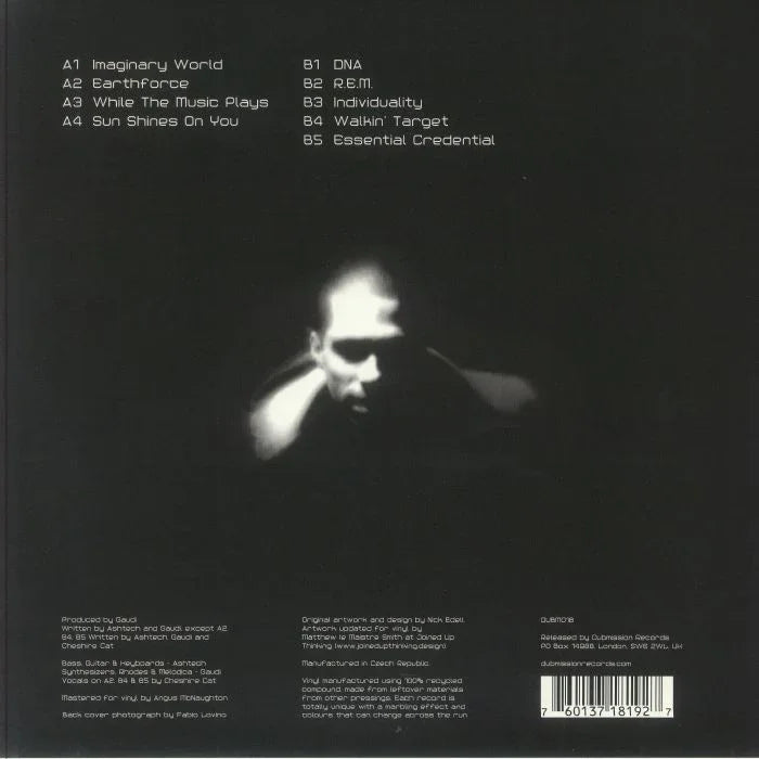 Album cover back with tracklist and blurred monochrome face on black background
