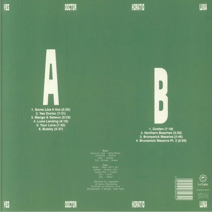Green record sleeve with large A and B, track listings, and artist names Yes Doctor Horatio Luna.